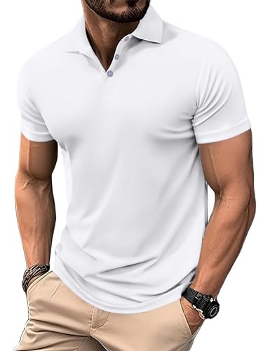PINSPARK Poloshirt Herren Atmungsaktiv Kurzärmliges Golf Polo Shirt Männer Hygroskopisch Polohemd Schnelltrocknend Sportswear Silm Fit Gym Shirt Weiß M (1 Stück) von PINSPARK