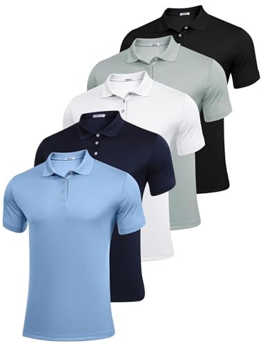 PINSPARK Poloshirt Herren Bauchfit Golf Tennis Muskel-Poloshirts Training Kurzarm Polo Shirt Männer Sommer Multipacks Polohemd Quick Dry Sportwear Schwarz/Weiß/Marineblau/Blau/Graugrün (5er-Pack) xxxl von PINSPARK