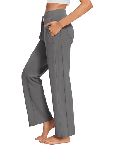 PINSPARK Schlaghose Damen Yogahosen Hohe Taille Freizeithose Sonnenschutz Sporthose Leggings Stretch Jogginghose Drawstring Loose Straight Weites Bein Sweatpants mit 4 Taschen Dunkelgrau L von PINSPARK