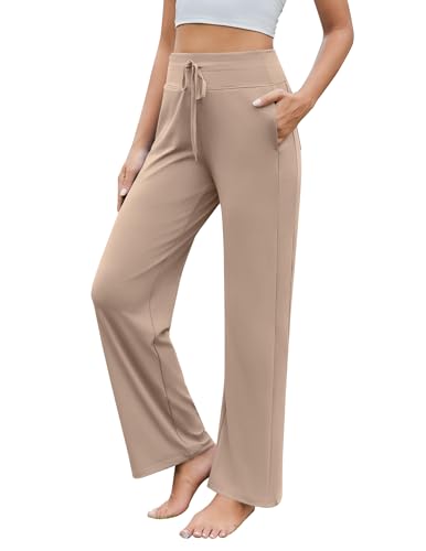 PINSPARK Schlaghose Damen Yogahosen Hohe Taille Freizeithose Sonnenschutz Sporthose Leggings Stretch Jogginghose Drawstring Loose Straight Weites Bein Sweatpants mit 4 Taschen Helles Teegrau M von PINSPARK
