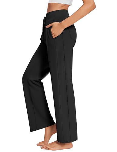 PINSPARK Schlaghose Damen Yogahosen Hohe Taille Freizeithose Sonnenschutz Sporthose Leggings Stretch Jogginghose Drawstring Loose Straight Weites Bein Sweatpants mit 4 Taschen Schwarz XXL von PINSPARK