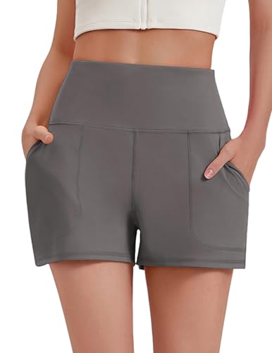 PINSPARK Shorts Damen Sport Kurz Jogginghose High Waist Running Breite Beine Shorts Leggings Hosen Sporthose Laufshorts Sport Yoga Bauchkontrolle Sportshorts Sommer Hose mit 2 Taschen Dunkelgrau XXL von PINSPARK