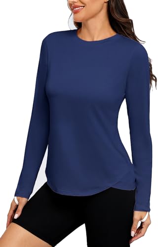 PINSPARK Sport Shirt Damen Schlanke UPF 50+ Sportshirt Draussen Ausbildung Rashguards Herbst Rundhals Seite Split Langarmshirt Athletisch Lässig Fitness Yoga Tops Dunkelblau s von PINSPARK