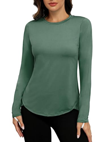 PINSPARK Sport Shirt Damen Schlanke UPF 50+ Sportshirt Draussen Ausbildung Rashguards Herbst Rundhals Seite Split Langarmshirt Athletisch Lässig Fitness Yoga Tops Dunkelgrün s von PINSPARK