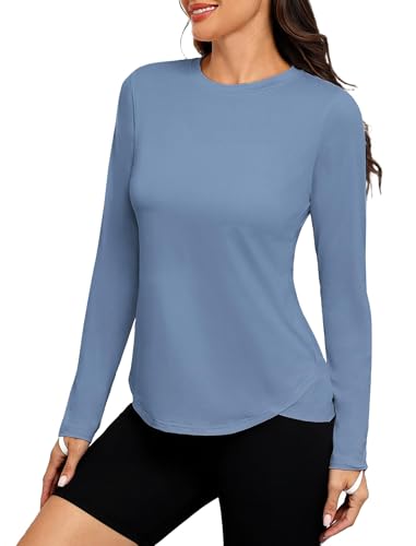 PINSPARK Sport Shirt Damen Schlanke UPF 50+ Sportshirt Draussen Ausbildung Rashguards Herbst Rundhals Seite Split Langarmshirt Athletisch Lässig Fitness Yoga Tops Oasis Blau s von PINSPARK