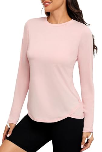 PINSPARK Sport Shirt Damen Schlanke UPF 50+ Sportshirt Draussen Ausbildung Rashguards Herbst Rundhals Seite Split Langarmshirt Athletisch Lässig Fitness Yoga Tops Rosa s von PINSPARK