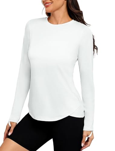 PINSPARK Sport Shirt Damen Schlanke UPF 50+ Sportshirt Draussen Ausbildung Rashguards Herbst Rundhals Seite Split Langarmshirt Athletisch Lässig Fitness Yoga Tops Weiß s von PINSPARK