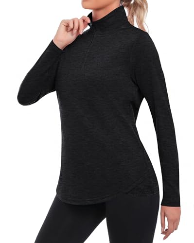 PINSPARK Sport Shirts für Damen Langarm UV Shirt Schnelltrocknend Funktionsshirt Frühling Atmungsaktiv Sportshirt 1/4 Reißverschluss UPF 50+ Yoga Tops Fitness Wandershirt Schwarz s von PINSPARK