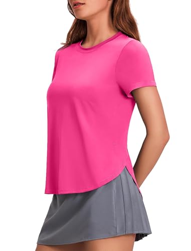 PINSPARK Sportshirt Damen Kurzarm Sport T-Shirt UPF 50+ Sonnenschutz Shirt Schnelltrocknend UV Shirt Laufshirt Seite Split Funktionsshirt Fitness Sport Oberteile S Rosenrot von PINSPARK