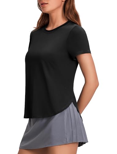 PINSPARK Sport T-Shirt Damen Athletisch Tennis Sportshirt UPF 50+ Basic Rundhals UV-Shirts Sommer Leichtes Schnelltrocknend Jogging Workout Tops Schwarz s von PINSPARK