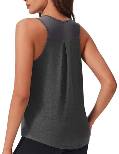PINSPARK Sport Tank Tops Damen Ärmelloses T-Shirt Sport Yoga Shirt Workout Laufshirt Running Training Sporttop Mesh Zurück Racerback Rundhals Atmungsaktiv Oberteile Dunkelgrau L von PINSPARK