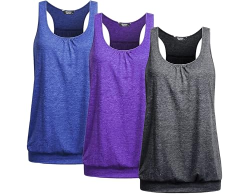 PINSPARK 1 or 3er Pack Damen Sport Tank Tops Atmungsaktives Racerback Yoga Shirts Laufen Fitness Ärmelloses Oberteile Sporttop Blau Violett Dunkelgrau XXL von PINSPARK