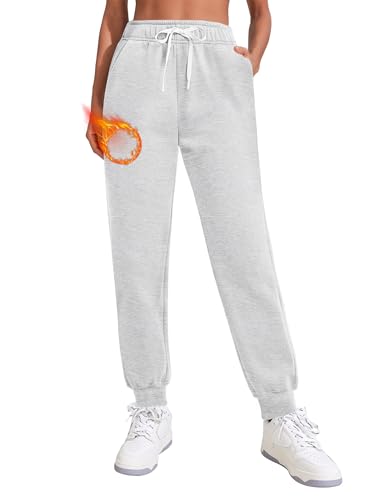 PINSPARK Sporthose Damen Baggy Jogginghose Lang Baumwolle Freizeithose Atmungsaktiv Fitness Trainingshose Herbst Warm Sweatpants Bequeme Pilates Yogahose L Weiß Meliertes Grau von PINSPARK