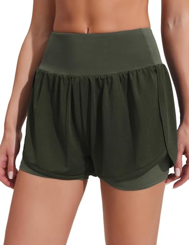 PINSPARK Sporthose Damen Kurz Sommer Laufhose High Waist 2 in 1 mit Tasche Schnell Trocknend Gym Running Fitness Hotpants Armeegrün L von PINSPARK