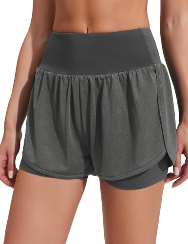 PINSPARK Sporthose Damen Kurz Sommer Laufhose High Waist 2 in 1 mit Tasche Schnell Trocknend Gym Running Fitness Hotpants Dunkelgrau L von PINSPARK