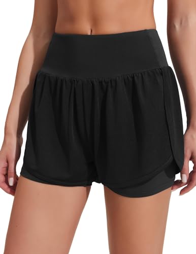 PINSPARK Sporthose Damen Kurz Sommer Laufhose High Waist 2 in 1 mit Tasche Schnell Trocknend Gym Running Fitness Hotpants Schwarz L von PINSPARK