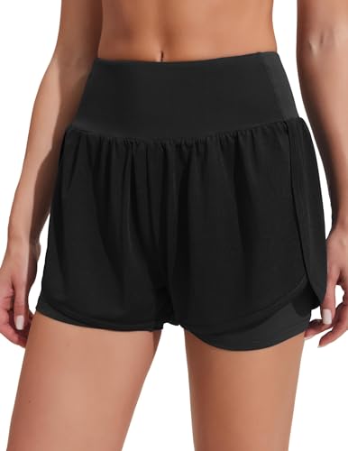 Pinspark Sporthose Damen Kurz Sommer Laufhose High Waist 2 in 1 mit Tasche Schnell Trocknend Gym Running Fitness Hotpants Schwarz L von PINSPARK