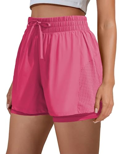 PINSPARK Sporthose Damen Kurze 2 in 1 Sport Shorts mit Taschen High Waist Laufhose Dammen Schnelltrocknende Trainingshose Running Shorts Fitness Yoga Jogging Rebel Pink M von PINSPARK