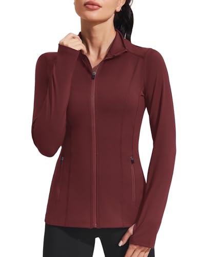 PINSPARK Sportjacke Damen Laufjacke Langarm Atmungsaktive Sportjacke Reißverschluss Leicht Trainingsjacke mit Daumenloch Rot XXL von PINSPARK