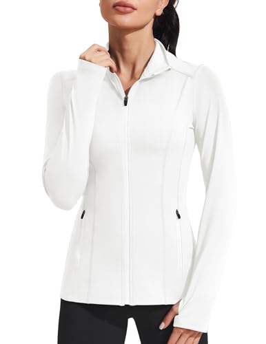 PINSPARK Sportjacke Damen Laufjacke Langarm Atmungsaktive Sportjacke Reißverschluss Leicht Trainingsjacke mit Daumenloch Weiß M von PINSPARK