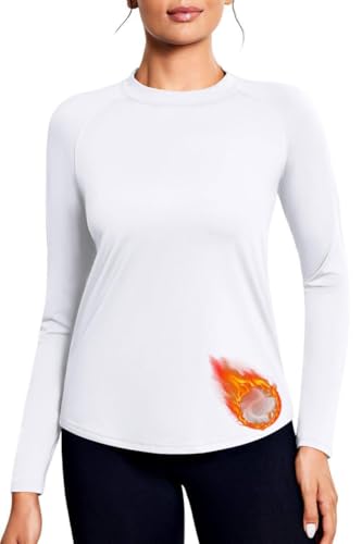PINSPARK Sportshirt Damen Langarm Thermal Funktionsshirt Atmungsaktiv Innenfleece Laufshirt Regular Fit Warm Top Thermoshirt Thermo Unterhemd Casual für Winter Weiß L von PINSPARK
