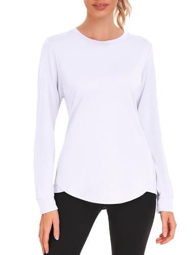 PINSPARK Sportshirt Damen Langarm UPF 50+ Sonnenschutz Sport T-Shirt UV Schutz Shirt Schnelltrocknend Laufshirt Rundhals Yoga Top Langarmshirt Fitness Rashguard Weiß L von PINSPARK