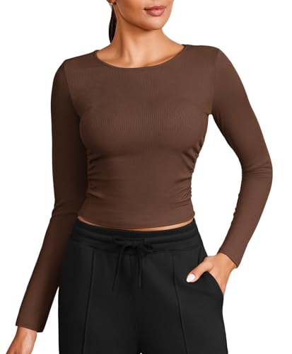 PINSPARK Sportshirt Damen Langarmshirt Crop Top Funktions Shirt Rundhlas Unterhemd Yoga Thermo Oberteil Slim Fit Basic Tops Braun XL von PINSPARK