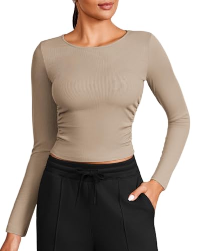 PINSPARK Sportshirt Damen Langarmshirt Crop Top Funktions Shirt Rundhlas Unterhemd Yoga Thermo Oberteil Slim Fit Basic Tops Khaki S von PINSPARK