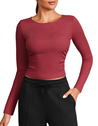 PINSPARK Sportshirt Damen Langarmshirt Crop Top Funktions Shirt Rundhlas Unterhemd Yoga Thermo Oberteil Slim Fit Basic Tops Rot M von PINSPARK