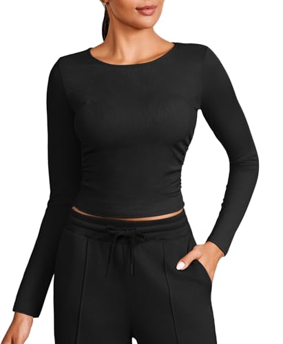 PINSPARK Sportshirt Damen Langarmshirt Crop Top Funktions Shirt Rundhlas Unterhemd Yoga Thermo Oberteil Slim Fit Basic Tops Schwarz L von PINSPARK