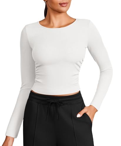 PINSPARK Sportshirt Damen Langarmshirt Crop Top Funktions Shirt Rundhlas Unterhemd Yoga Thermo Oberteil Slim Fit Basic Tops Weiß L von PINSPARK