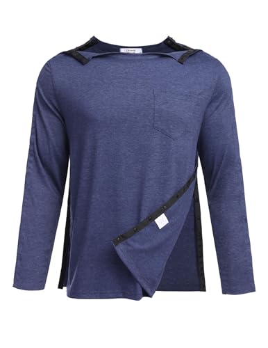 PINSPARK Sportshirt Herren Laufshirt Langarm Hemden nach Schulteroperationen Vollständig Offene Seite Druckknöpfe Dialyse Chemo Kleidung Tearaway Shirt Erholung Navy blau XXL von PINSPARK
