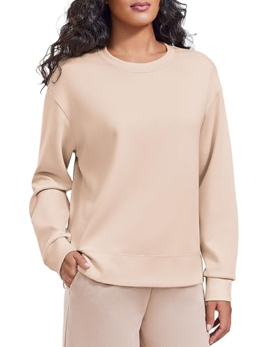 PINSPARK Damen Sweatshirt Pullover ohne Kapuze Basic Langarmshirt Rundhals Oberteile Casual Langarm Tops Locker Sport Streetwear Puli Herbst Winter Beige L von PINSPARK