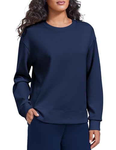 PINSPARK Damen Sweatshirt Pullover ohne Kapuze Basic Langarmshirt Rundhals Oberteile Casual Langarm Tops Locker Sport Streetwear Puli Herbst Winter Navy Blau L von PINSPARK