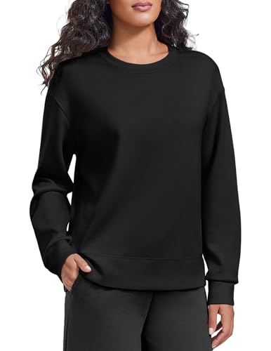 PINSPARK Damen Sweatshirt Pullover ohne Kapuze Basic Langarmshirt Rundhals Oberteile Casual Langarm Tops Locker Sport Streetwear Puli Herbst Winter Schwarz S von PINSPARK