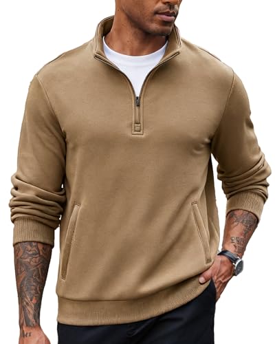 PINSPARK Sweatshirt Herren 1/4 Zip Pullover Stehkragen Langarmshirts Sweater mit Reißverschluss Langarm Pulli Ohne Kapuze Casual Oberteile Polo Shirt Herbst Winter Khaki 3XL von PINSPARK