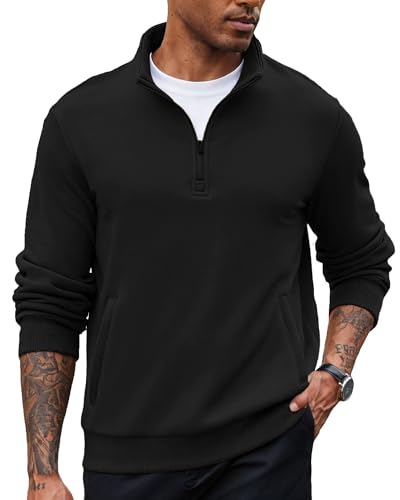 PINSPARK Sweatshirt Herren 1/4 Zip Pullover Stehkragen Langarmshirts Sweater mit Reißverschluss Langarm Pulli Ohne Kapuze Casual Oberteile Polo Shirt Herbst Winter Schwarz 3XL von PINSPARK