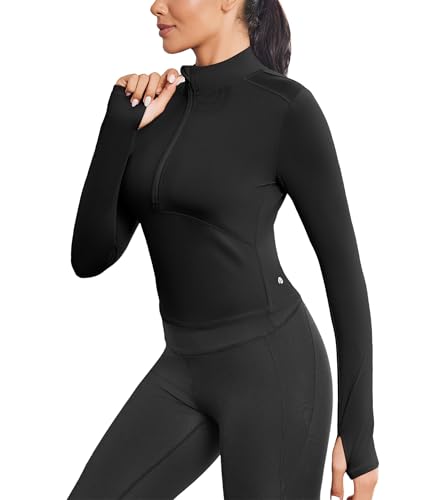 PINSPARK T-Shirt Damen Gym Top Sport Oberteil Thermounterwäsche Thermo Unterwäsche Thermoshirt Funktionsshirt Langarm Laufoberteil Crop Fitness mit 1/4 Reißverschluss Schwarz XL von PINSPARK