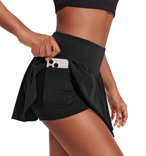 PINSPARK Tennis Rock Damen Kurz Rüschen Integriert Tennisrock mit Tasche Innenhose Sommer Bequem Wandern Fitness Minirock Mädchen Faltenrock Schwarz XXL von PINSPARK