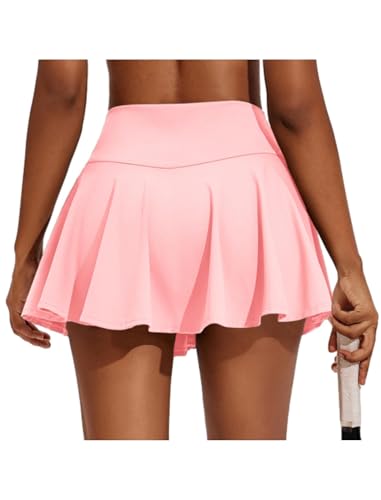 PINSPARK Tennisrock Damen Plissiert Tennis Skort Hohe Taille Golfrock mit Innenhose Shorts Faltenrock Sport Minirock Workout Laufen Rock mit Taschen Hellrosa XL von PINSPARK