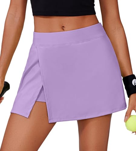 PINSPARK Tennisrock Damen Sportskort Hoher Taille Golfrock Hosenrock Tennis Skort Sommerrock Minirock mit 2 Taschen und Seitlichem Schlitz Lauf Röcke Wandern Running Lila XL von PINSPARK