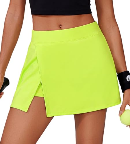 PINSPARK Tennisrock Damen mit Hose Sportrock Golfrock Hohe Taille Tennis Skort mit 2 Taschen und Seitlichem Schlitz Sommerrock Minirock Laufröcke Hosenrock Wandern Laufen Neon Gelb XL von PINSPARK
