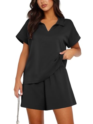 PINSPARK Zweiteiler Damen Sommer Outfits Tracksuit Kurzarm Lässige Travel Tracksuit V-Ausschnitt Top Shorts Set 2 Teiler Freizeitanzug Hausanzug Schwarz L von PINSPARK