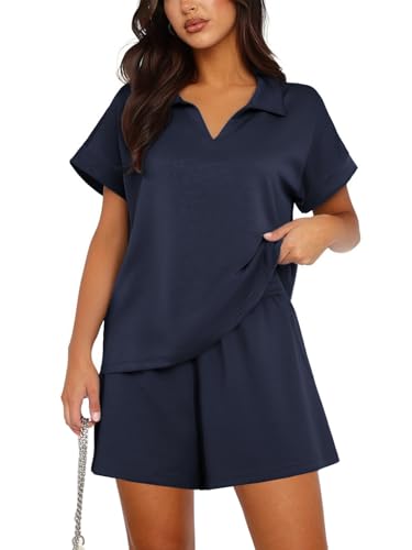 PINSPARK Travel Set Damen Outfit Zweiteiler Trainingsanzug Frühling Lounge Outdoor Jogginganzug Damen 2 Teiler Freizeitanzug Hausanzug Navy Blau S von PINSPARK