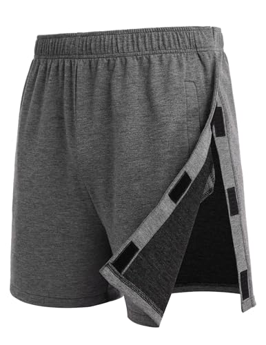 PINSPARK Unisex Abreißbare Shorts Side Snap On Tear Away Shorts Herren Baumwollshorts Sportliche Erholungsshorts nach Operationen mit Taschen Dunkelgrau S von PINSPARK