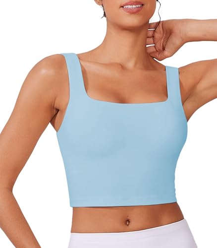 PINSPARK Yoga Bra Damen Bügellos Gepolstert Sport BH Atmungsaktiv Stretch Crop Tops Breiten Trägern Gym BH Winter Lauf Reiten Sport Bra Top Denim Blau l von PINSPARK