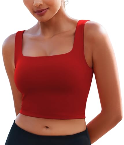 PINSPARK Yoga Bra Damen Bügellos Gepolstert Sport BH Atmungsaktiv Stretch Crop Tops Breiten Trägern Gym BH Winter Lauf Reiten Sport Bra Top Rot l von PINSPARK