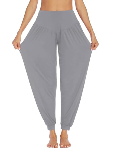 PINSPARK Yogahose Damen Lang Haremshose Sport Yoga Hose Curvy Jogginghose Oversize Pluderhosen Freizeithose Elegant Sporthosen Hellgrau XXL von PINSPARK