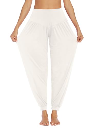 PINSPARK Yogahose Damen Lang Haremshose Sport Yoga Hose Curvy Jogginghose Oversize Pluderhosen Freizeithose Elegant Sporthosen Weiß XXL von PINSPARK
