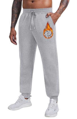 Pinsaprk Herren Jogginghose Warme Thermo Fleecehose Baumwolle Sporthose Outdoor Casual Freizeithose Lange Yogahose Atmungsaktiv Jogpants Sweatpants mit Taschen Hellgrau XL von PINSPARK